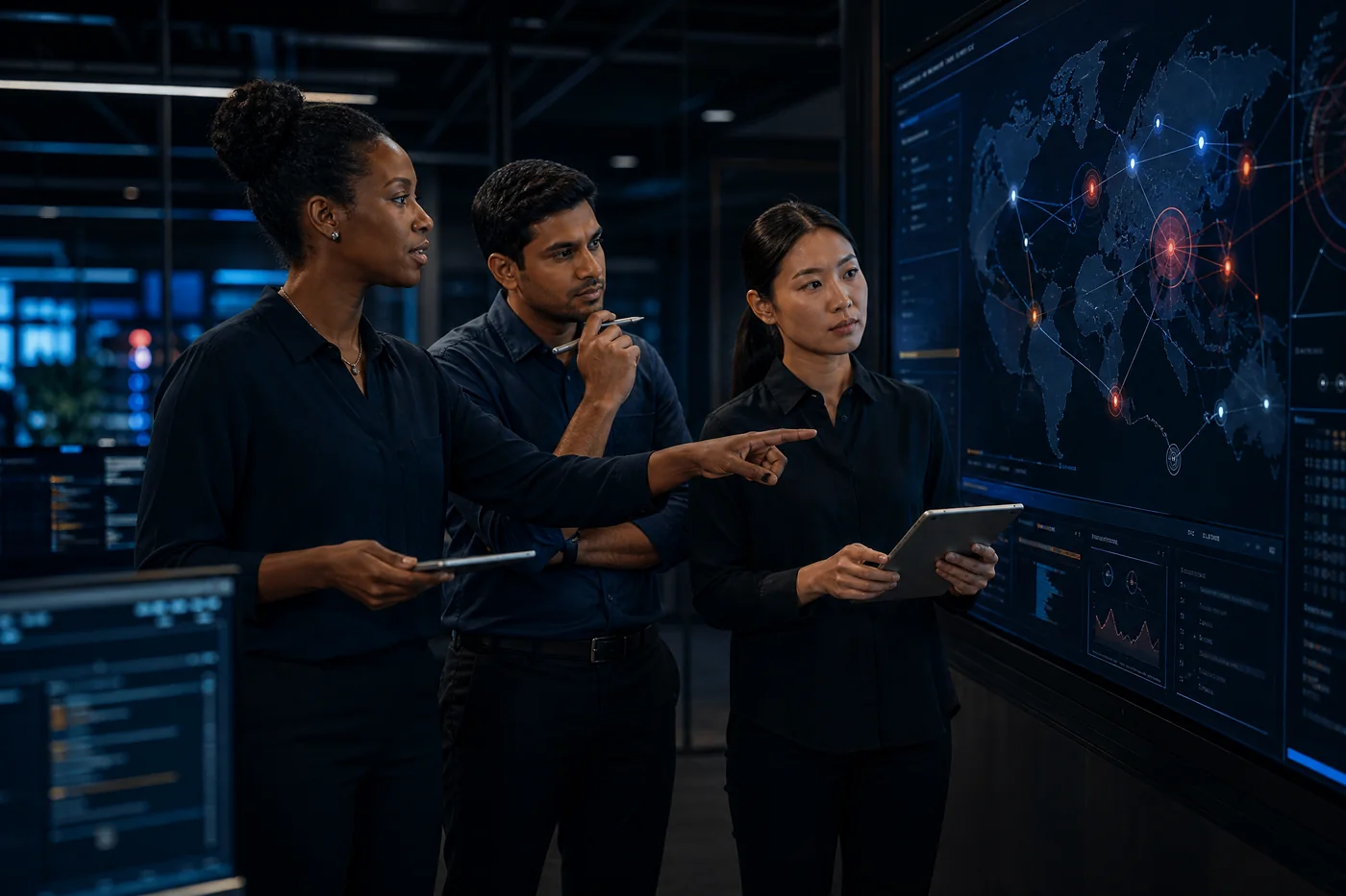 Black, Indian and Chinese cybersecurity specialists monitoring systems